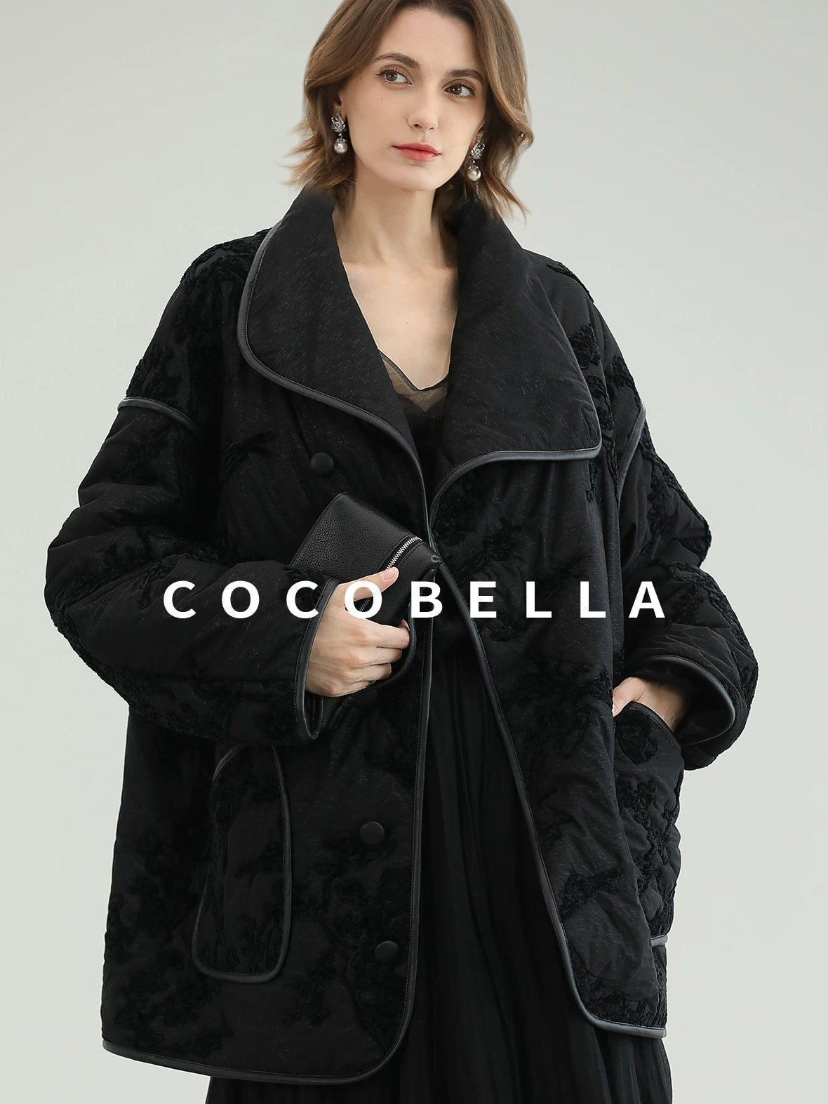 COCOBELLA Embroidered Button Pocket Loose Fit Mall Ready Women Black Padded Jackets