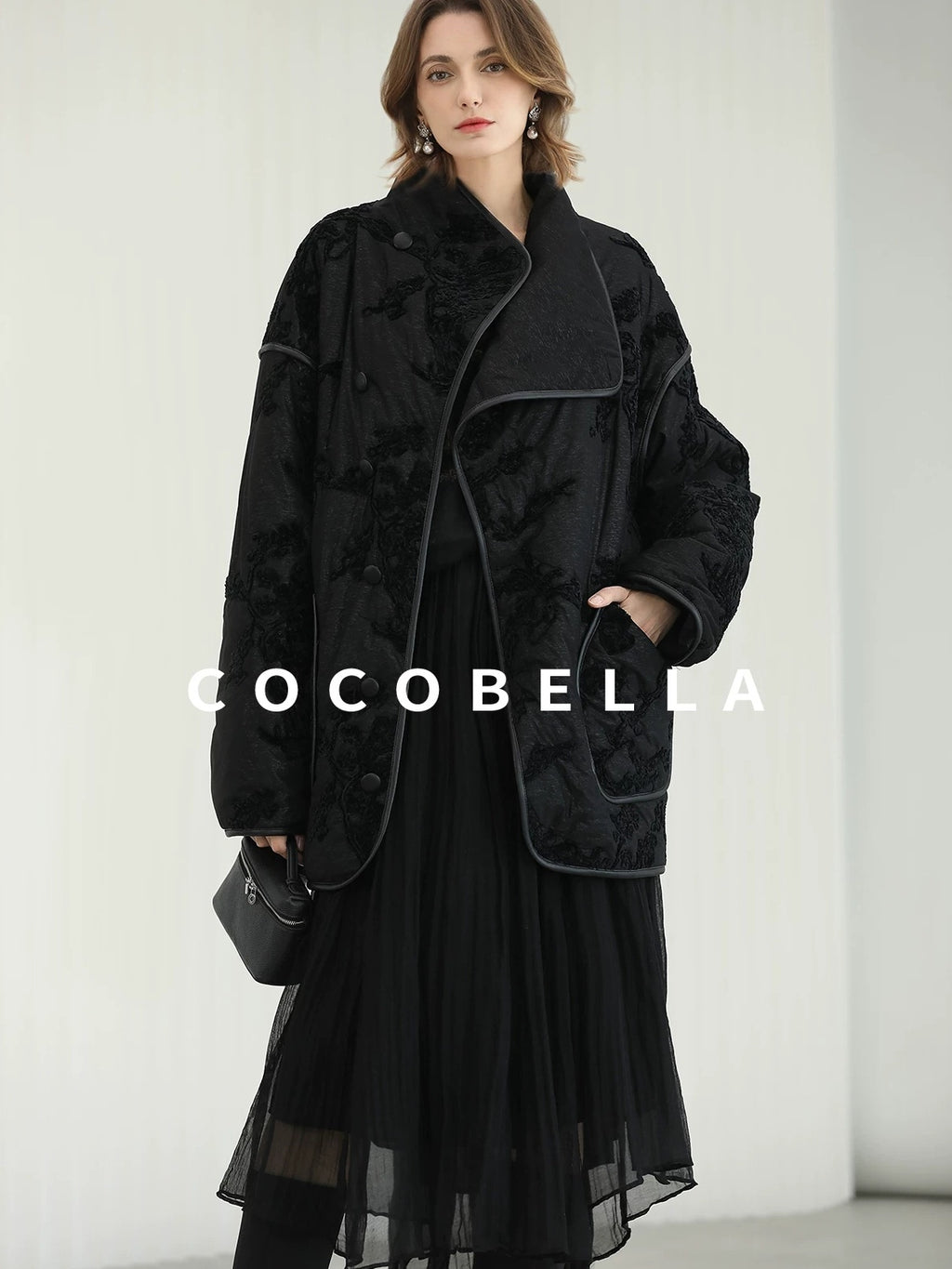 COCOBELLA Embroidered Button Pocket Loose Fit Mall Ready Women Black Padded Jackets