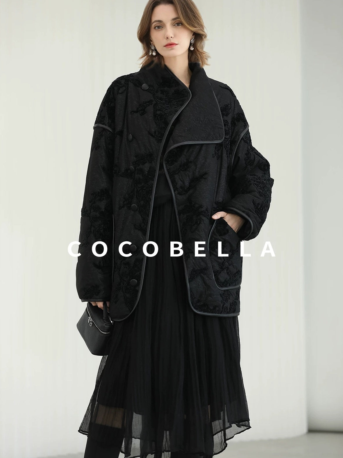 COCOBELLA Embroidered Button Pocket Loose Fit Mall Ready Women Black Padded Jackets