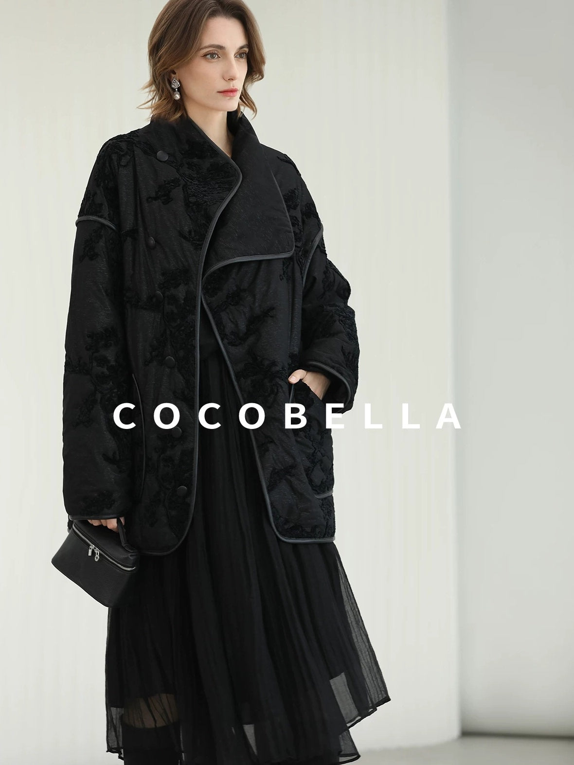 COCOBELLA Embroidered Button Pocket Loose Fit Mall Ready Women Black Padded Jackets
