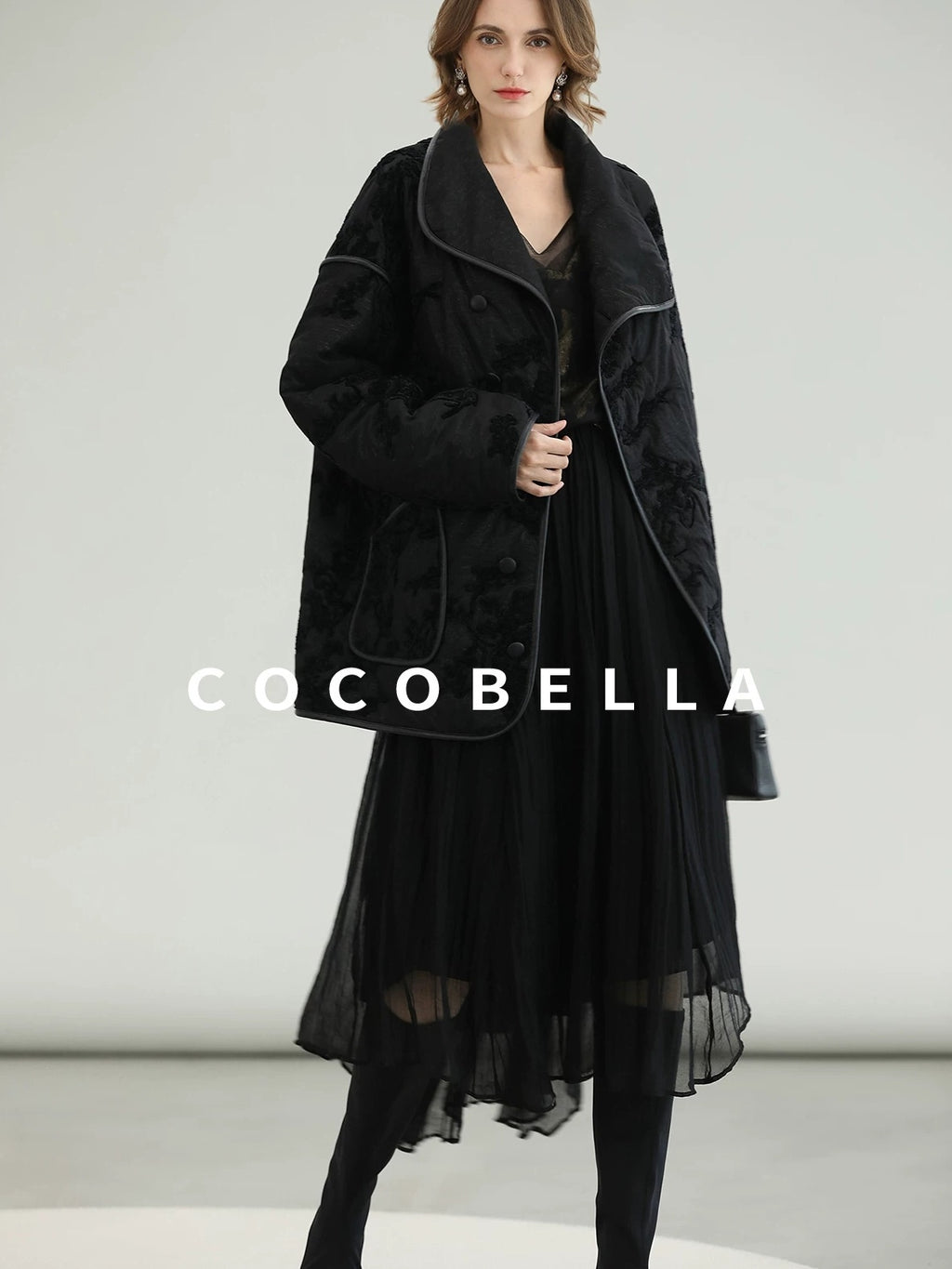 COCOBELLA Embroidered Button Pocket Loose Fit Mall Ready Women Black Padded Jackets