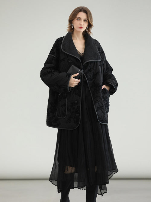 COCOBELLA Embroidered Button Pocket Loose Fit Mall Ready Women Black Padded Jackets