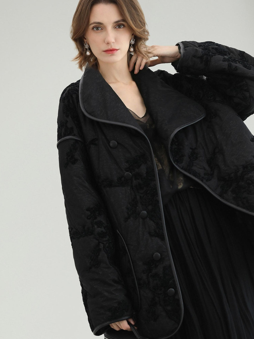 COCOBELLA Embroidered Button Pocket Loose Fit Mall Ready Women Black Padded Jackets