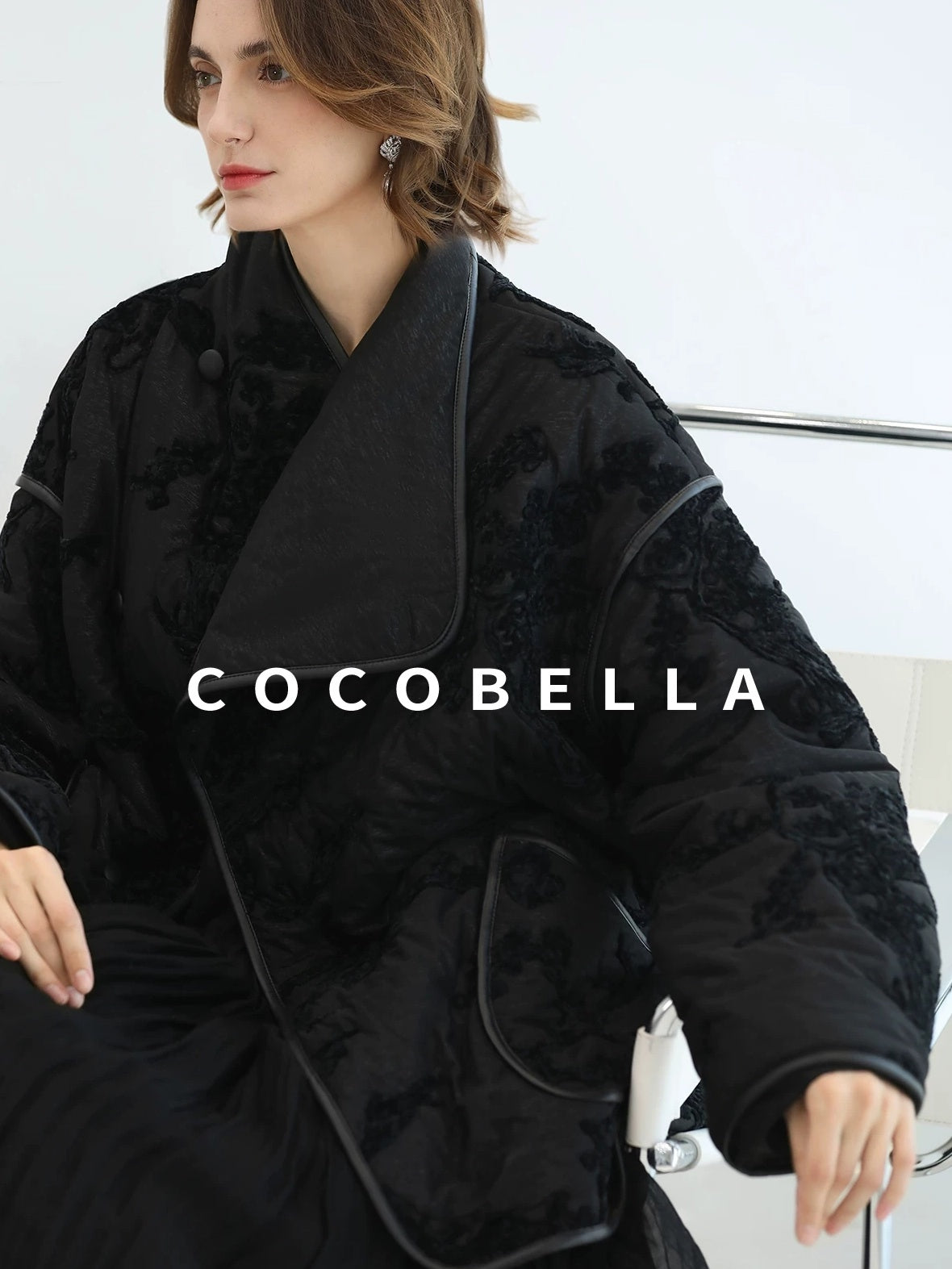COCOBELLA Embroidered Button Pocket Loose Fit Mall Ready Women Black Padded Jackets