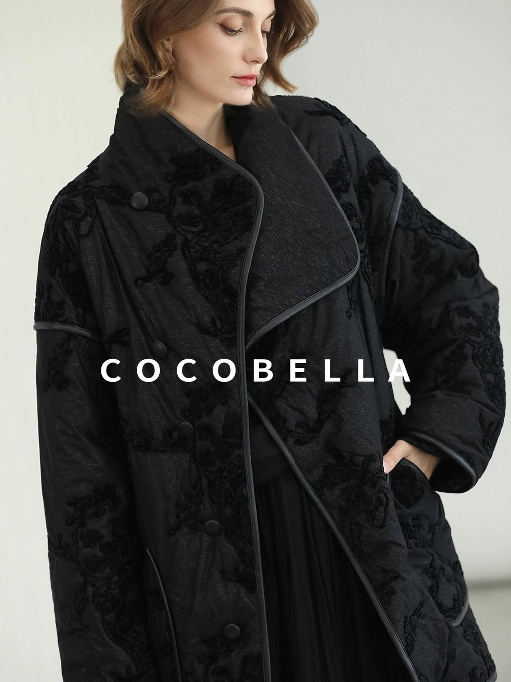 COCOBELLA Embroidered Button Pocket Loose Fit Mall Ready Women Black Padded Jackets