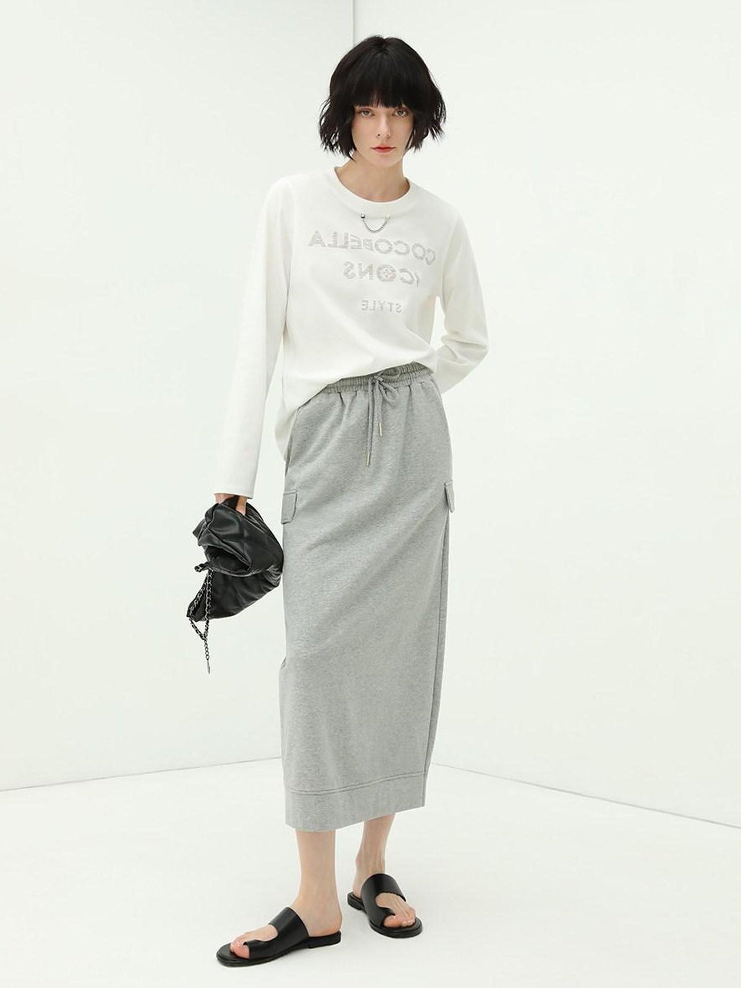 COCOBELLA Embroidered Cotton Blend Mid Rise H Line Office Minimalist Grey Midi Skirts