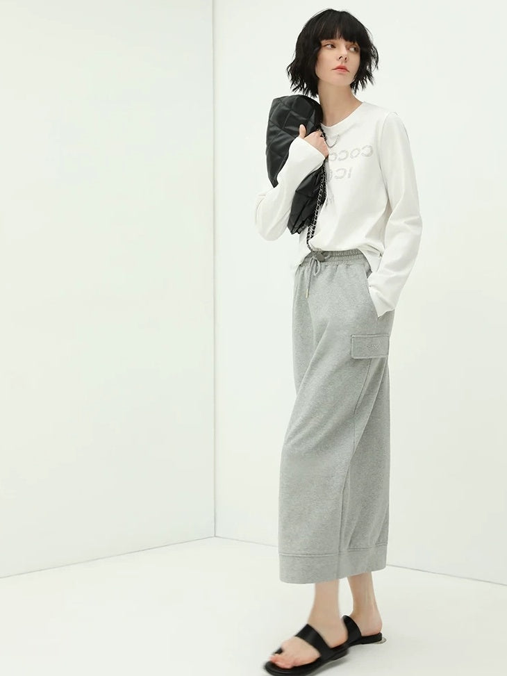 COCOBELLA Embroidered Cotton Blend Mid Rise H Line Office Minimalist Grey Midi Skirts