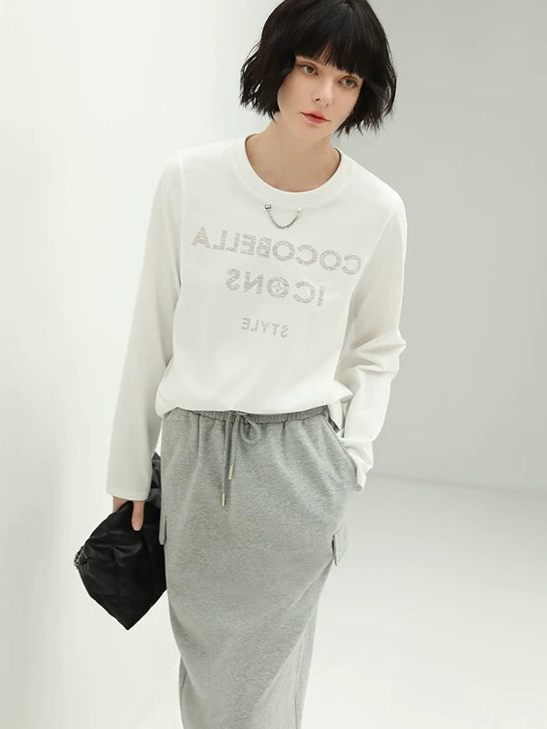 COCOBELLA Embroidered Cotton Blend Mid Rise H Line Office Minimalist Grey Midi Skirts