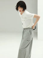 COCOBELLA Embroidered Cotton Blend Mid Rise H Line Office Minimalist Grey Midi Skirts