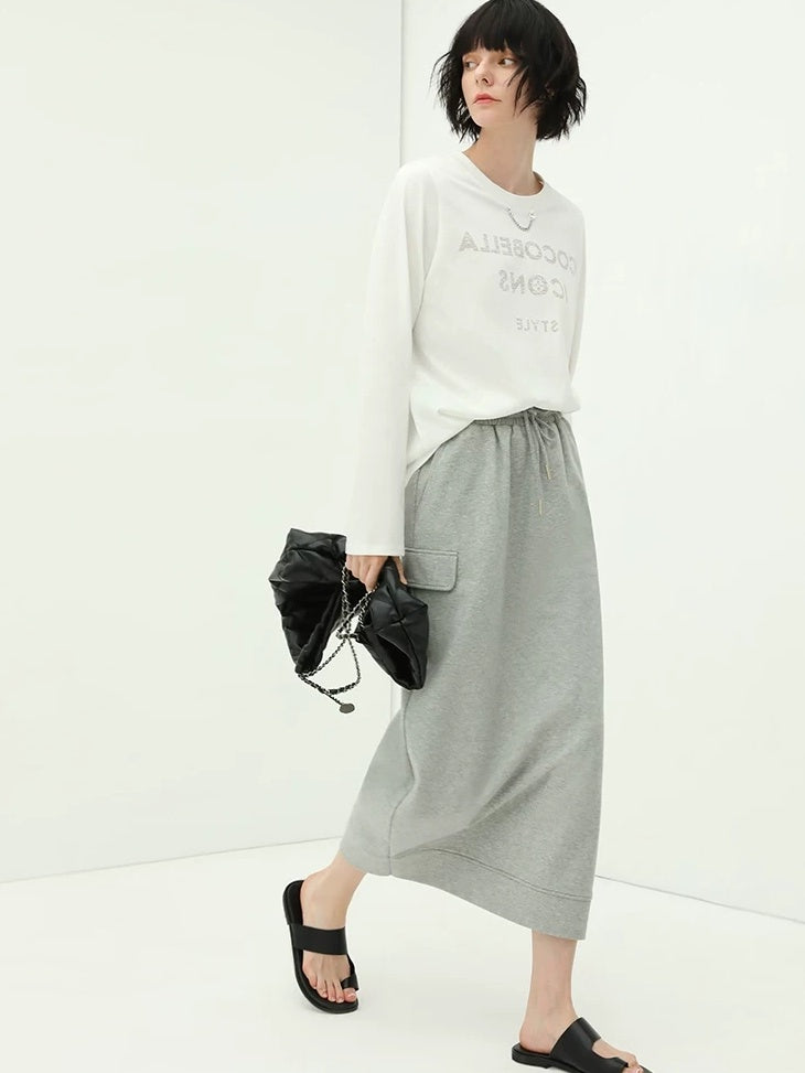 COCOBELLA Embroidered Cotton Blend Mid Rise H Line Office Minimalist Grey Midi Skirts