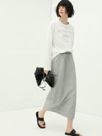 COCOBELLA Embroidered Cotton Blend Mid Rise H Line Office Minimalist Grey Midi Skirts