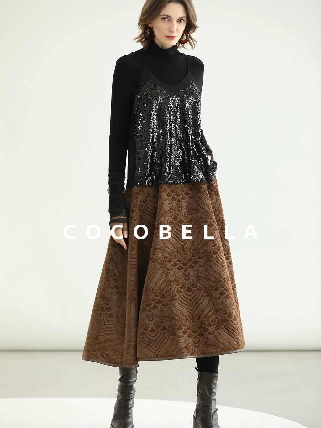 COCOBELLA Embroidered Jacquard Chinese A Line Mid Waist Women Office Maxi Polyester Skirts