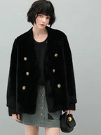 COCOBELLA Faux Fur Double Breasted V Neck Long Sleeve Office Style Women Coats Jackets
