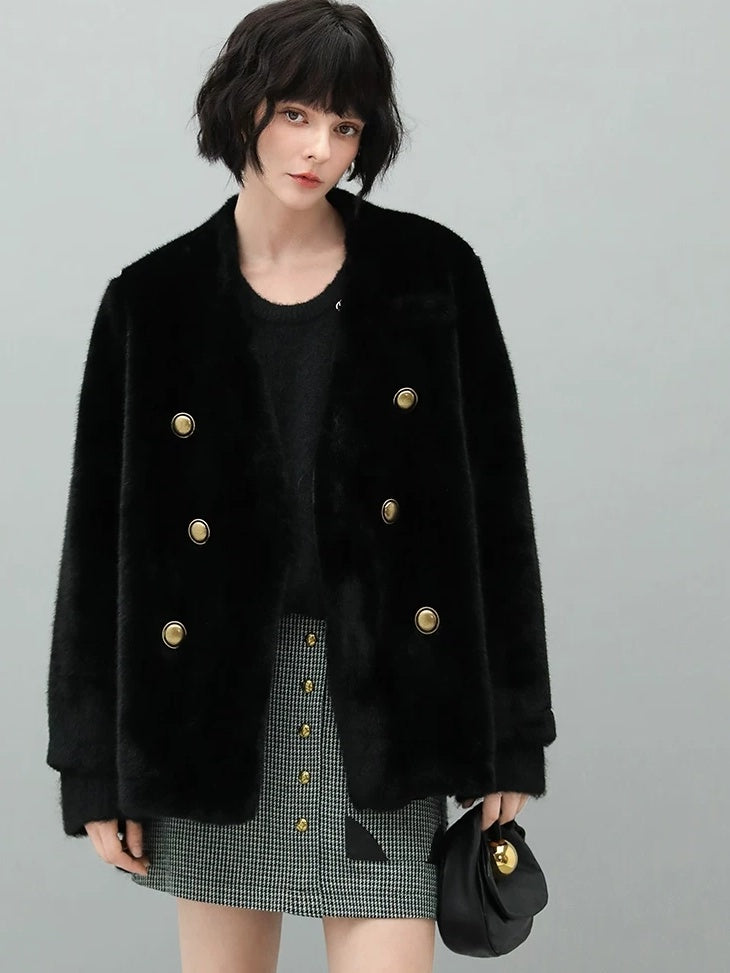 COCOBELLA Faux Fur Double Breasted V Neck Long Sleeve Office Style Women Coats Jackets