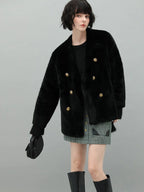COCOBELLA Faux Fur Double Breasted V Neck Long Sleeve Office Style Women Coats Jackets