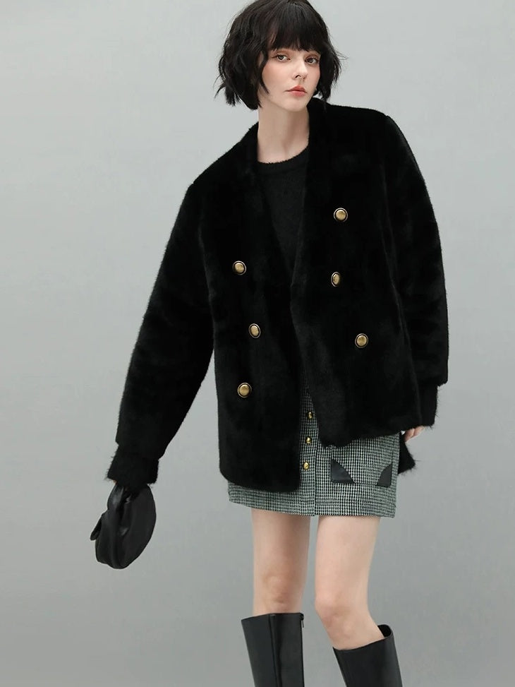COCOBELLA Faux Fur Double Breasted V Neck Long Sleeve Office Style Women Coats Jackets