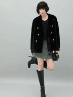COCOBELLA Faux Fur Double Breasted V Neck Long Sleeve Office Style Women Coats Jackets