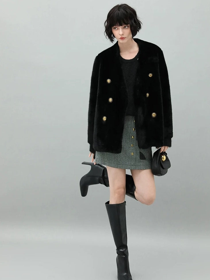 COCOBELLA Faux Fur Double Breasted V Neck Long Sleeve Office Style Women Coats Jackets