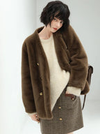 COCOBELLA Faux Fur Double Breasted V Neck Long Sleeve Office Style Women Coats Jackets