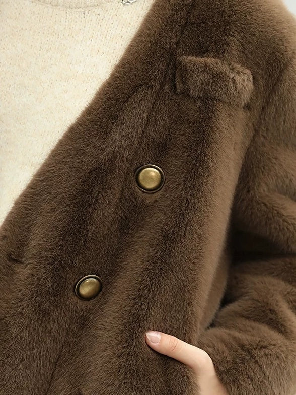 COCOBELLA Faux Fur Double Breasted V Neck Long Sleeve Office Style Women Coats Jackets