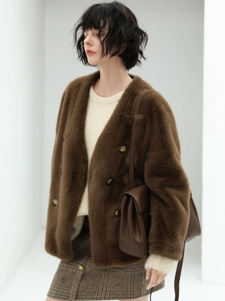 COCOBELLA Faux Fur Double Breasted V Neck Long Sleeve Office Style Women Coats Jackets