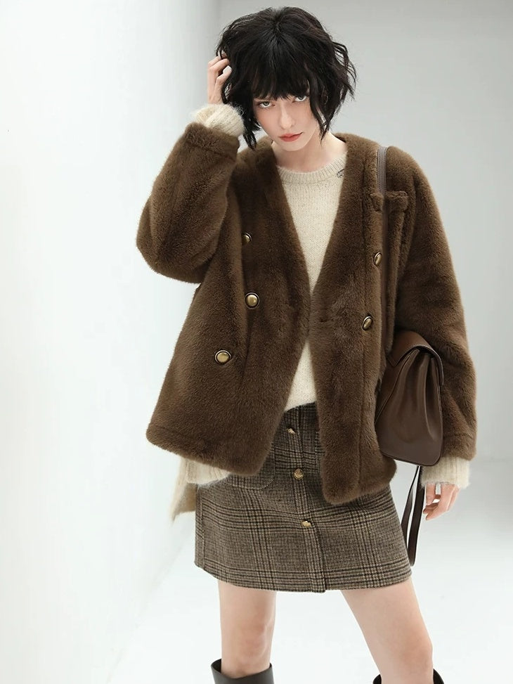 COCOBELLA Faux Fur Double Breasted V Neck Long Sleeve Office Style Women Coats Jackets