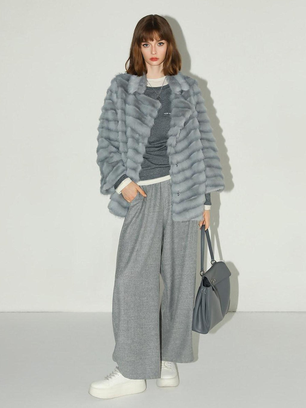 COCOBELLA Faux Fur Horizontal Panel Loose Fit Ol Workwear Women Ice Blue Jackets