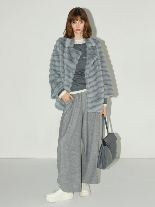 COCOBELLA Faux Fur Horizontal Panel Loose Fit Ol Workwear Women Ice Blue Jackets