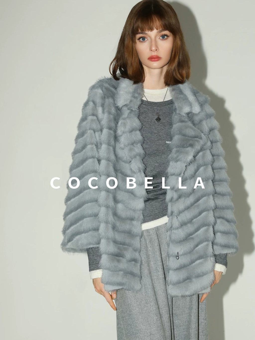 COCOBELLA Faux Fur Horizontal Panel Loose Fit Ol Workwear Women Ice Blue Jackets