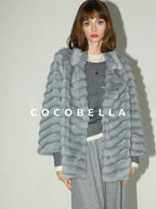 COCOBELLA Faux Fur Horizontal Panel Loose Fit Ol Workwear Women Ice Blue Jackets