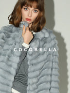 COCOBELLA Faux Fur Horizontal Panel Loose Fit Ol Workwear Women Ice Blue Jackets