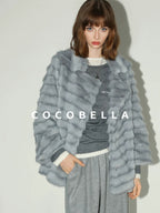 COCOBELLA Faux Fur Horizontal Panel Loose Fit Ol Workwear Women Ice Blue Jackets