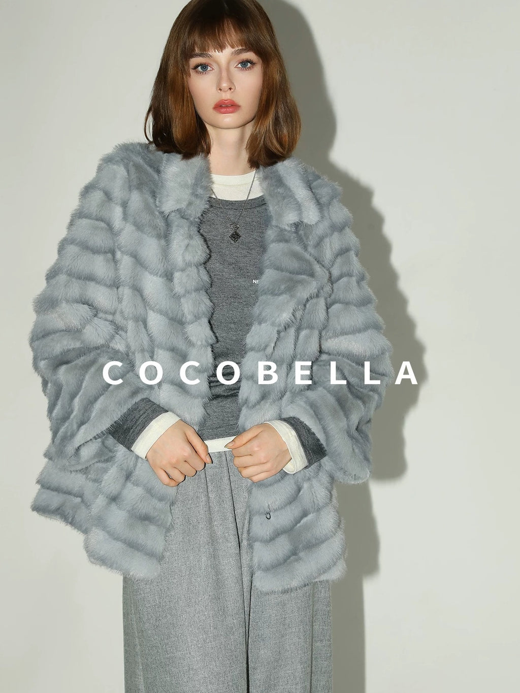 COCOBELLA Faux Fur Horizontal Panel Loose Fit Ol Workwear Women Ice Blue Jackets