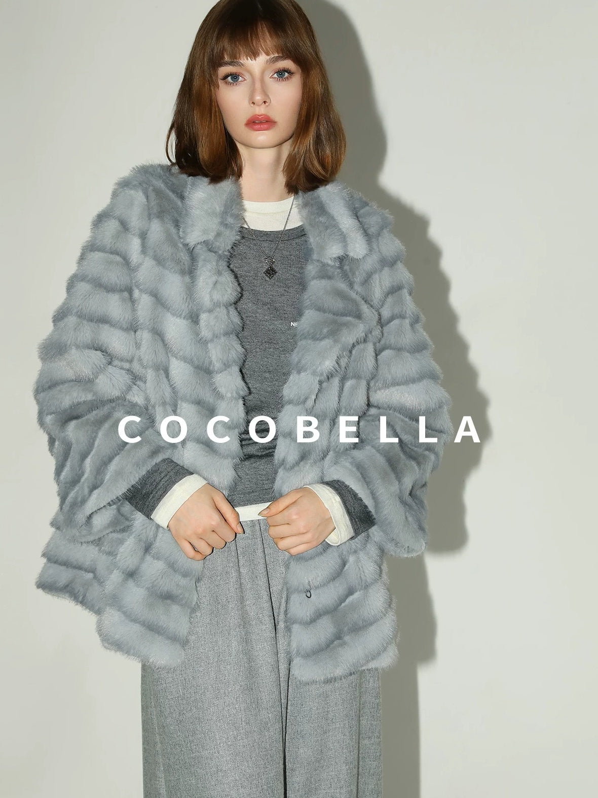 COCOBELLA Faux Fur Horizontal Panel Loose Fit Ol Workwear Women Ice Blue Jackets