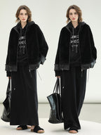 COCOBELLA Faux Fur Layered Look Loose Fit Stand Collar Zip Casual Womens Black Jackets