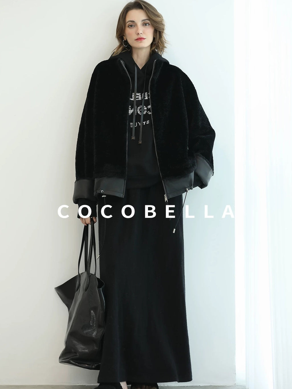COCOBELLA Faux Fur Layered Look Loose Fit Stand Collar Zip Casual Womens Black Jackets