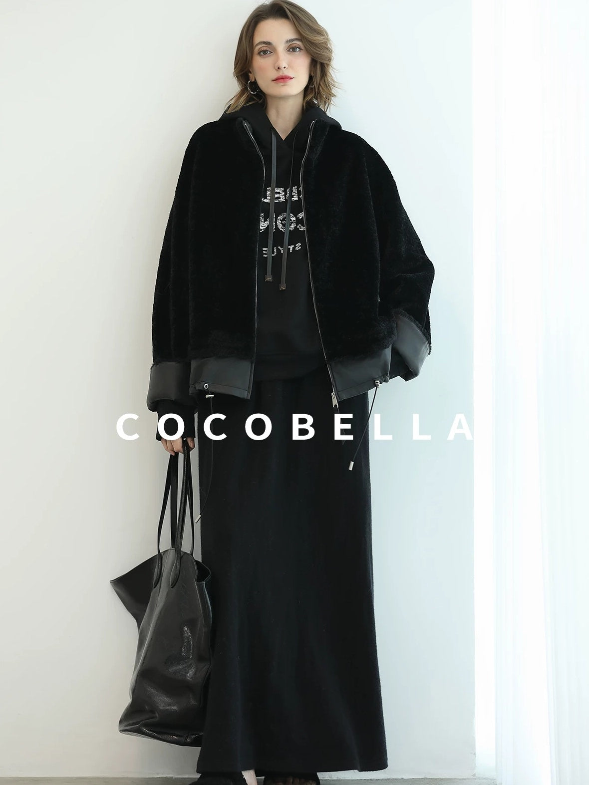 COCOBELLA Faux Fur Layered Look Loose Fit Stand Collar Zip Casual Womens Black Jackets
