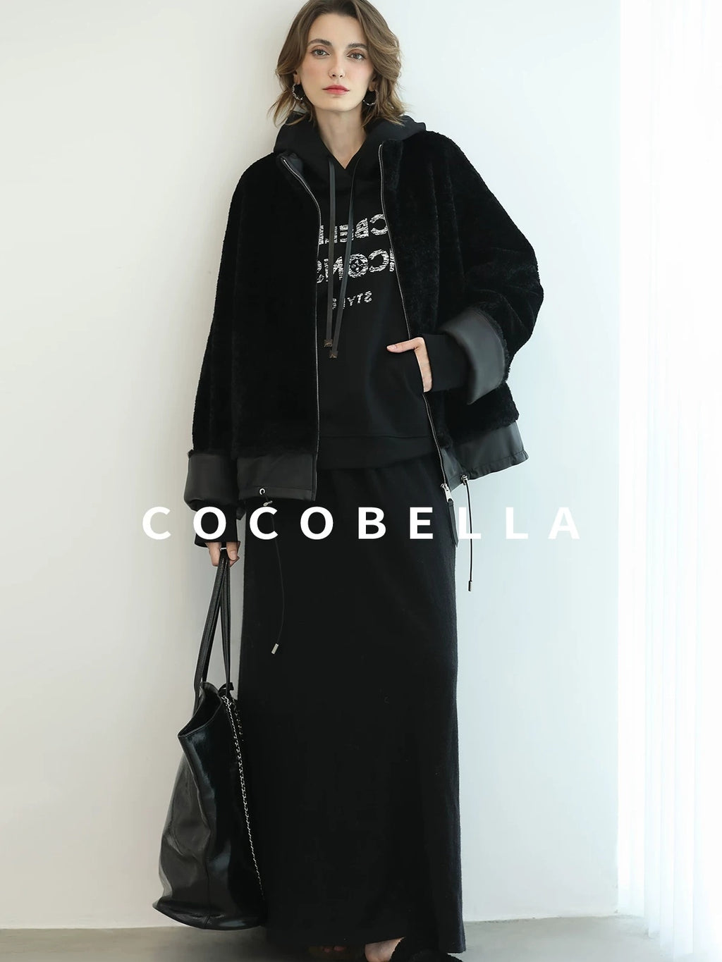 COCOBELLA Faux Fur Layered Look Loose Fit Stand Collar Zip Casual Womens Black Jackets