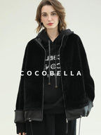 COCOBELLA Faux Fur Layered Look Loose Fit Stand Collar Zip Casual Womens Black Jackets
