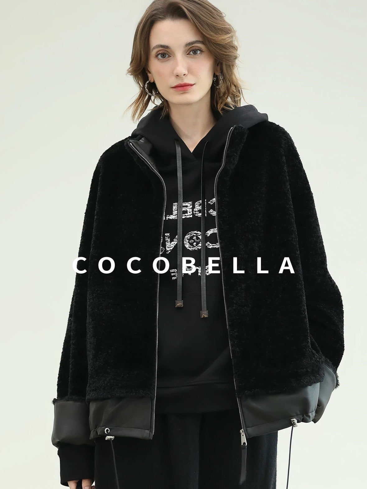COCOBELLA Faux Fur Layered Look Loose Fit Stand Collar Zip Casual Womens Black Jackets