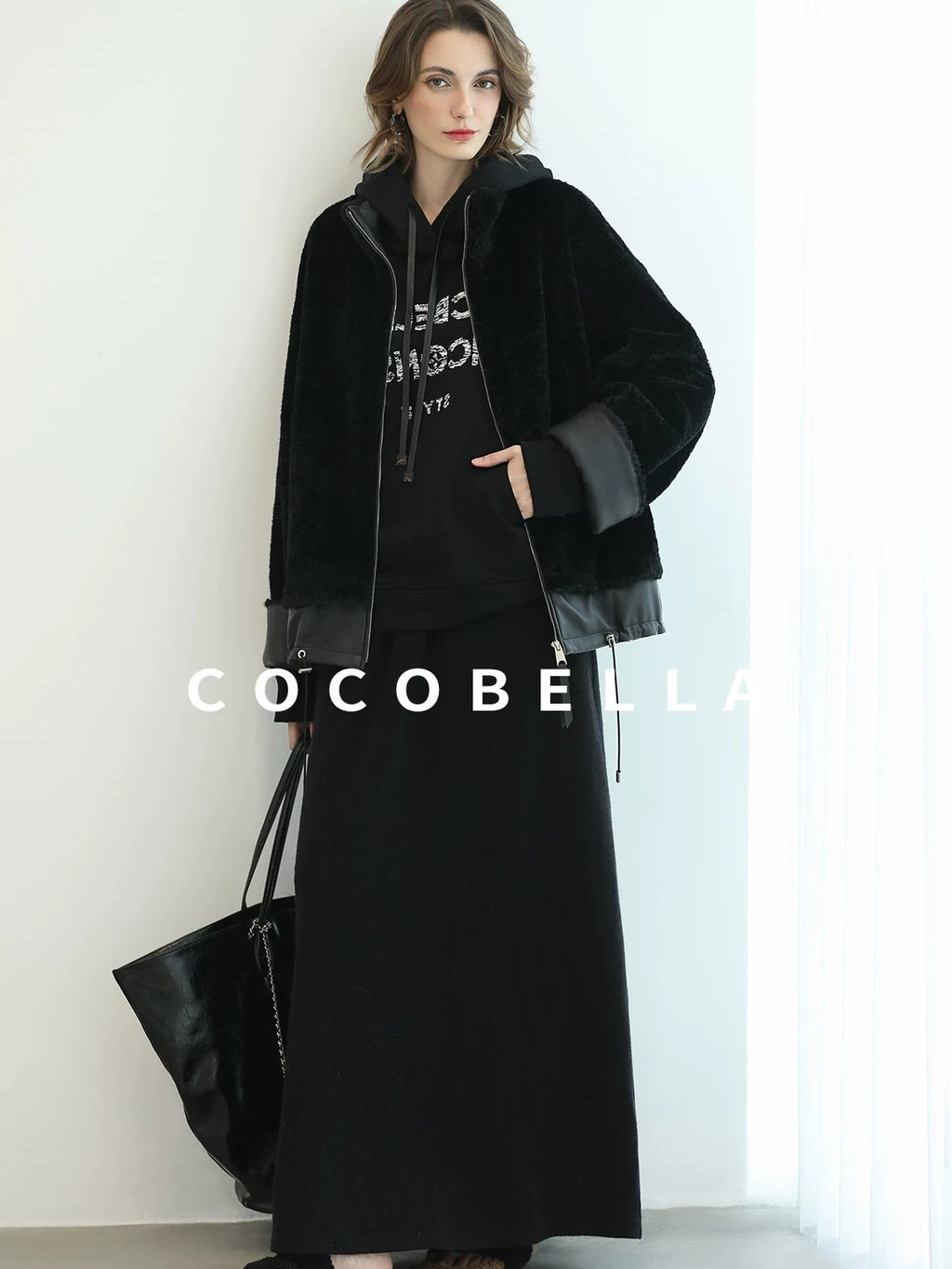 COCOBELLA Faux Fur Layered Look Loose Fit Stand Collar Zip Casual Womens Black Jackets