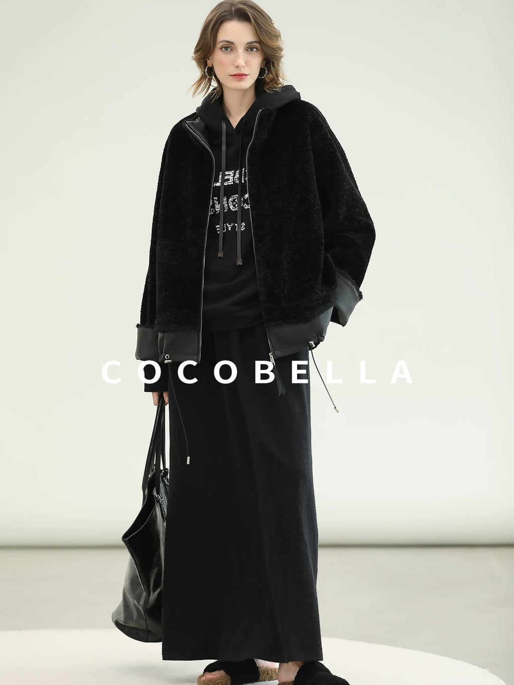 COCOBELLA Faux Fur Layered Look Loose Fit Stand Collar Zip Casual Womens Black Jackets