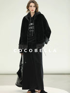 COCOBELLA Faux Fur Layered Look Loose Fit Stand Collar Zip Casual Womens Black Jackets