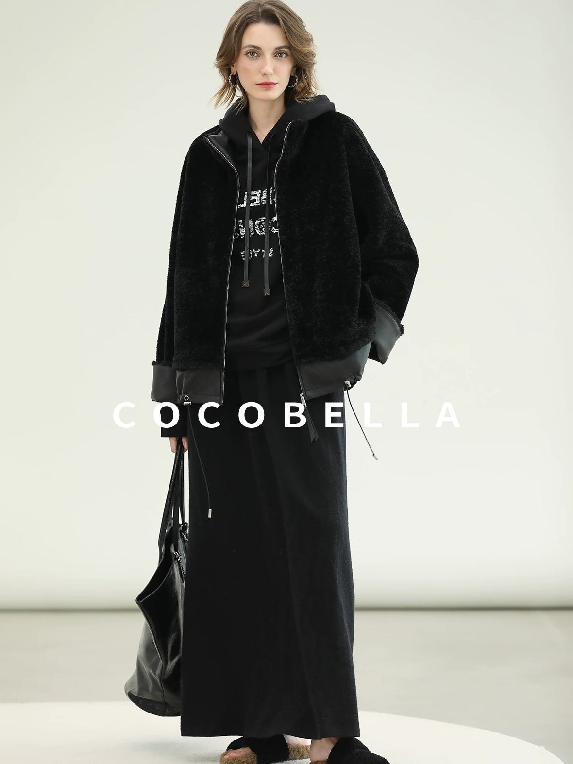COCOBELLA Faux Fur Layered Look Loose Fit Stand Collar Zip Casual Womens Black Jackets