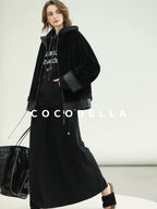 COCOBELLA Faux Fur Layered Look Loose Fit Stand Collar Zip Casual Womens Black Jackets