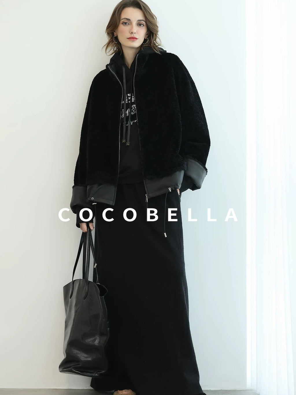 COCOBELLA Faux Fur Layered Look Loose Fit Stand Collar Zip Casual Womens Black Jackets