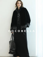 COCOBELLA Faux Fur Layered Look Loose Fit Stand Collar Zip Casual Womens Black Jackets
