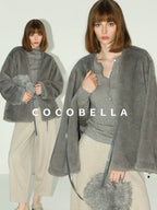 COCOBELLA Faux Fur Straight V Neck Long Sleeve Women Silver Blue Polyester Jackets