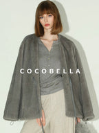 COCOBELLA Faux Fur Straight V Neck Long Sleeve Women Silver Blue Polyester Jackets
