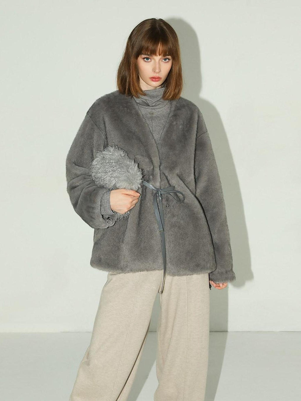 COCOBELLA Faux Fur Straight V Neck Long Sleeve Women Silver Blue Polyester Jackets
